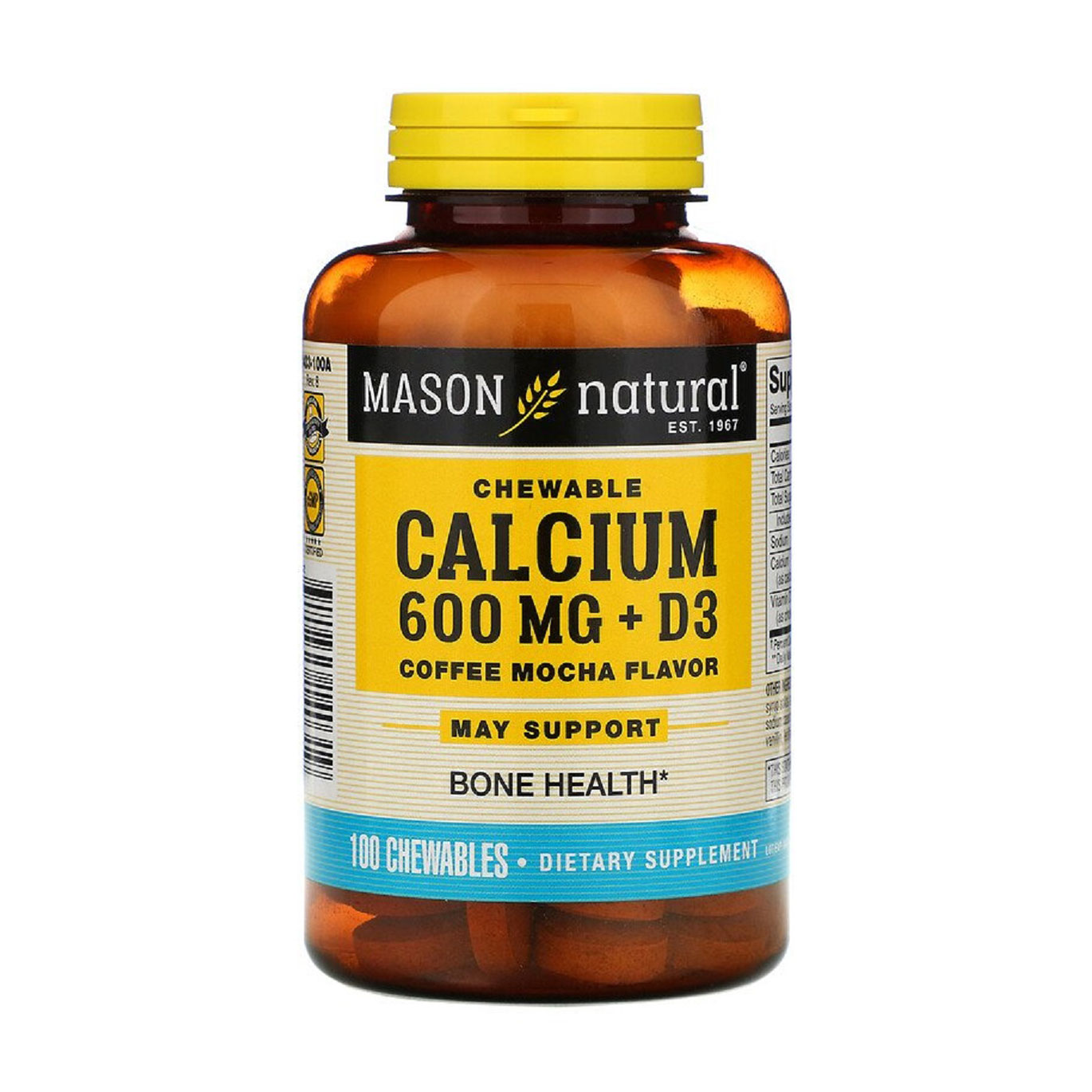 Кальцій та Д3 Mason Natural Calcium 600 mg + D3 смак кави та мокко, 100 жувальних таблеток